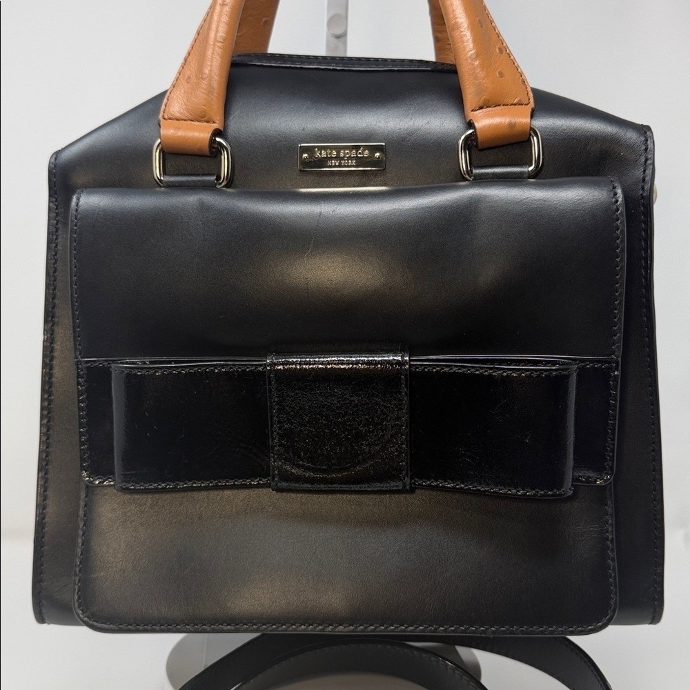 Kate Spade Bow Bridge Kennedy Satchel Black Leather Ostrich Trim Crossbody Bag - Picture 10 of 11